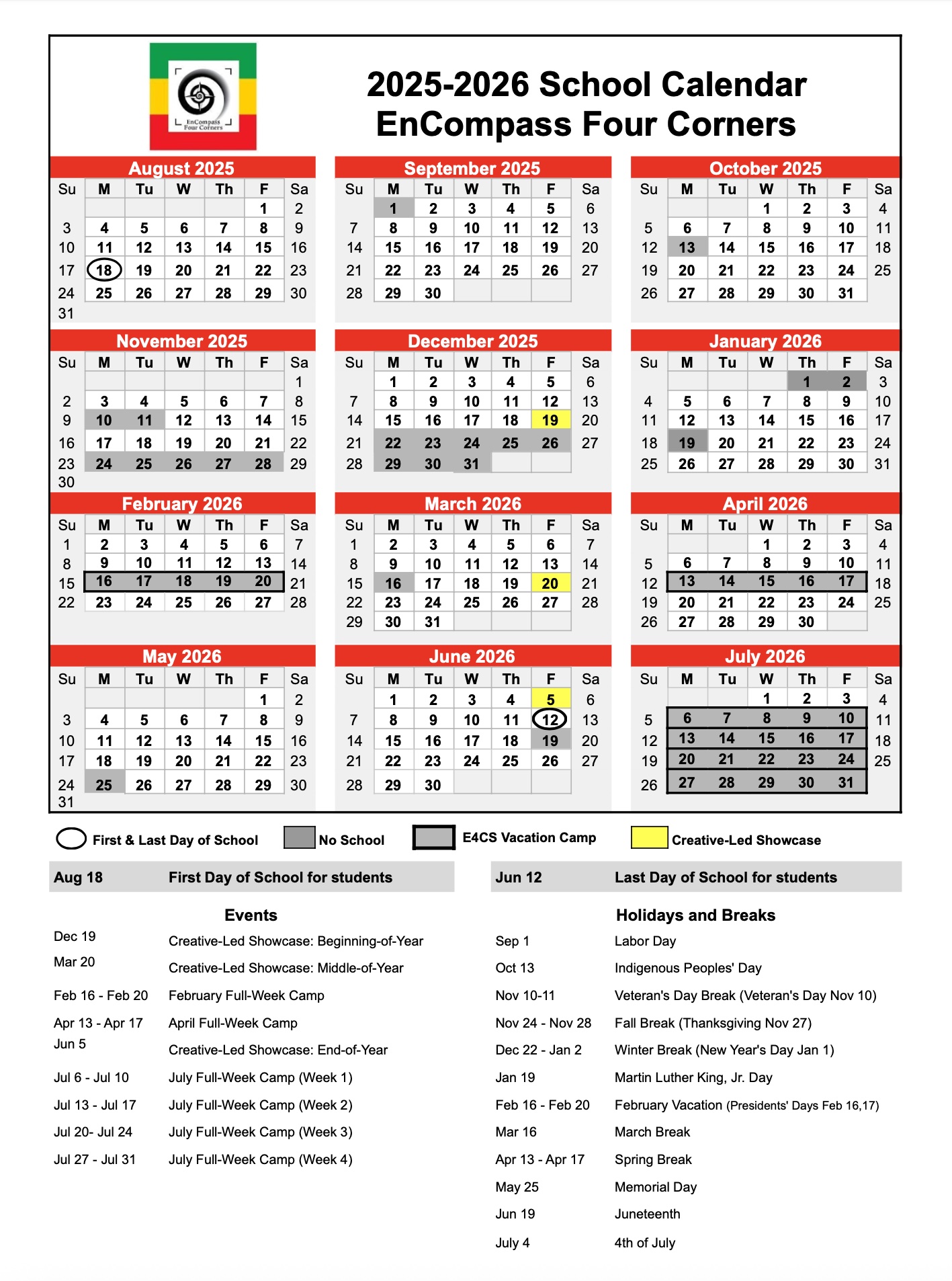 2025-2026 E4CS School Calendar