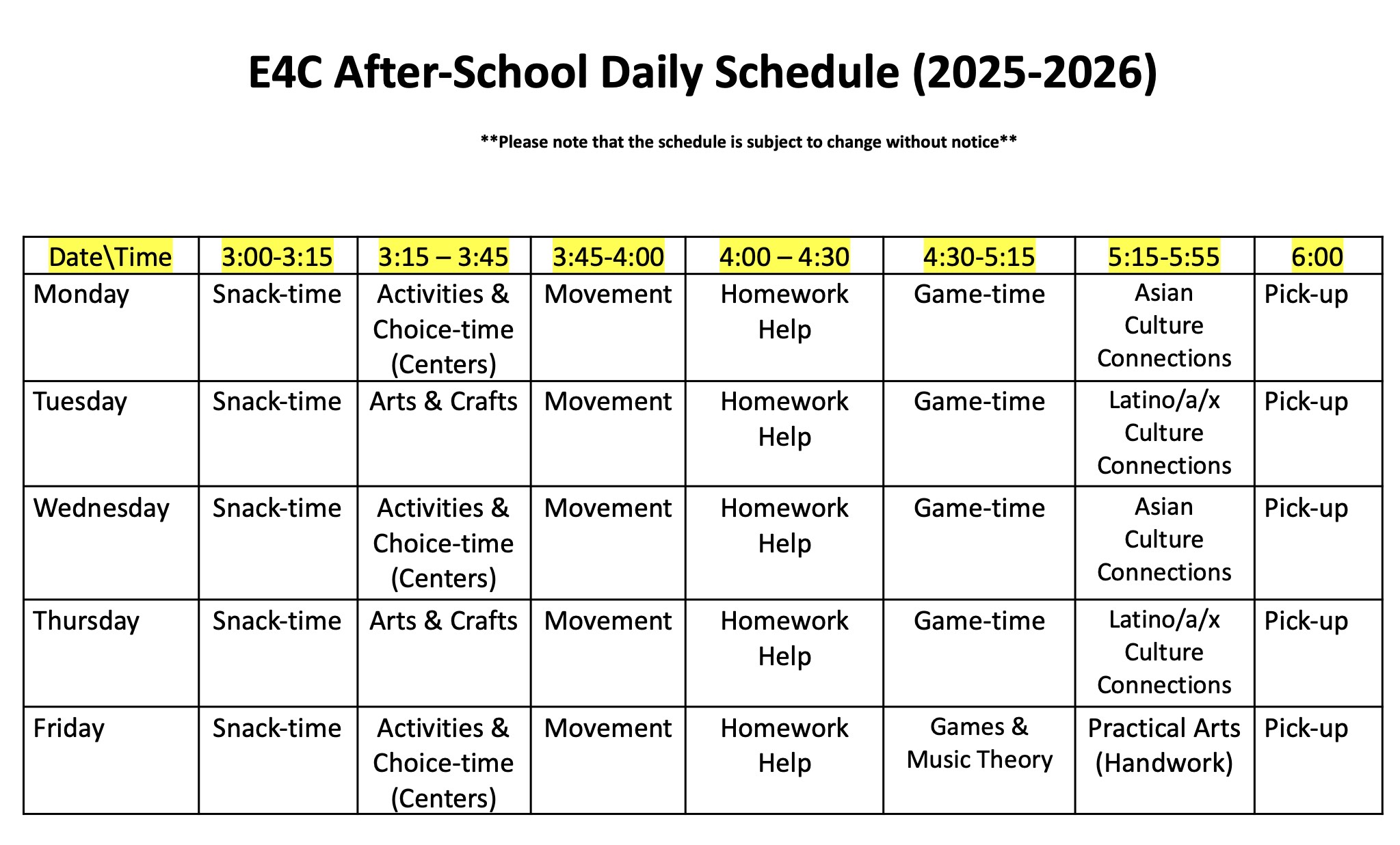 E4C after-school schedule 25-26
