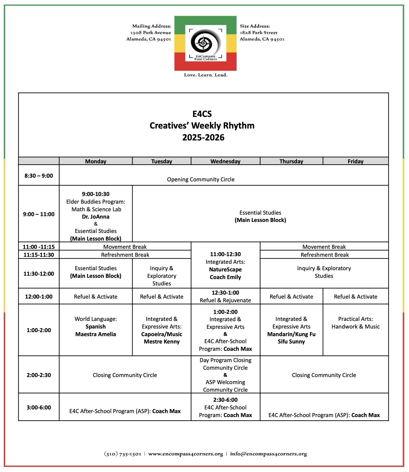 E4CS Creatives' weekly schedule 25-26